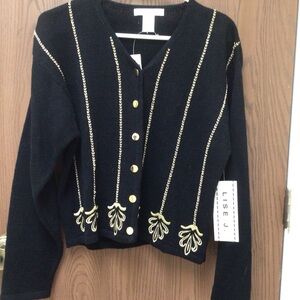 NWT Lise J black cardigan gold rope trim ramie cotton, sz L